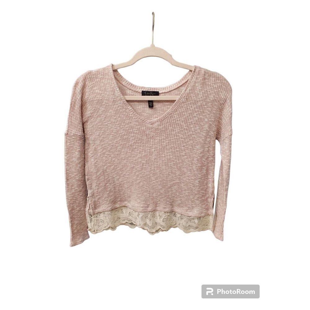 Jessica Simpson Womens Sweater Pink Knit Lace Cropped Pullover Size XS